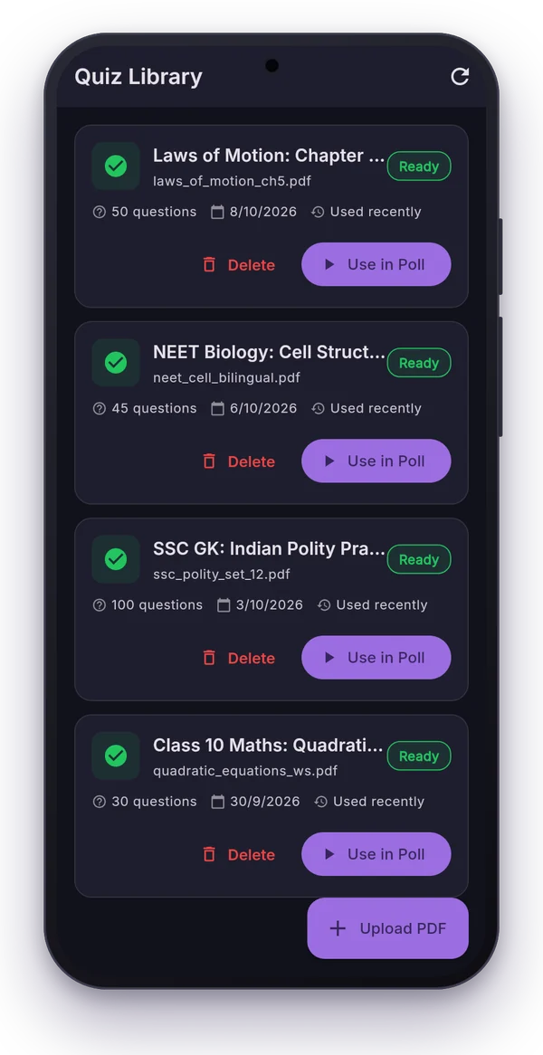 Quiz Library with quiz sets made from PDFs, ready to use in polls